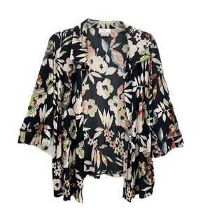 The Travel Collection Black Floral Slinky Open Front Cardigan 1X Stretch Acetate